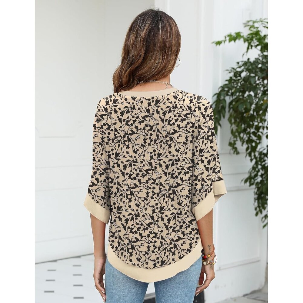 Women's Chiffon Blouse 3/4 Sleeve V Neck Double Layers Mesh Flowy Top - Picture 5 of 5